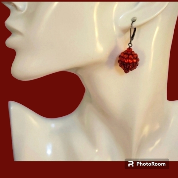3/$30 Red Disco Ball Christmas Holiday Leverback Gunmetal Dangle Earrings - Picture 1 of 6